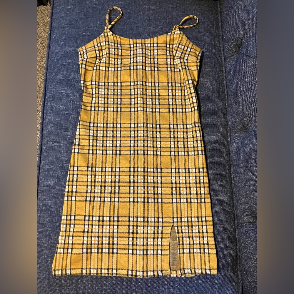 Yellow plaid dress; Woman’s S (small)